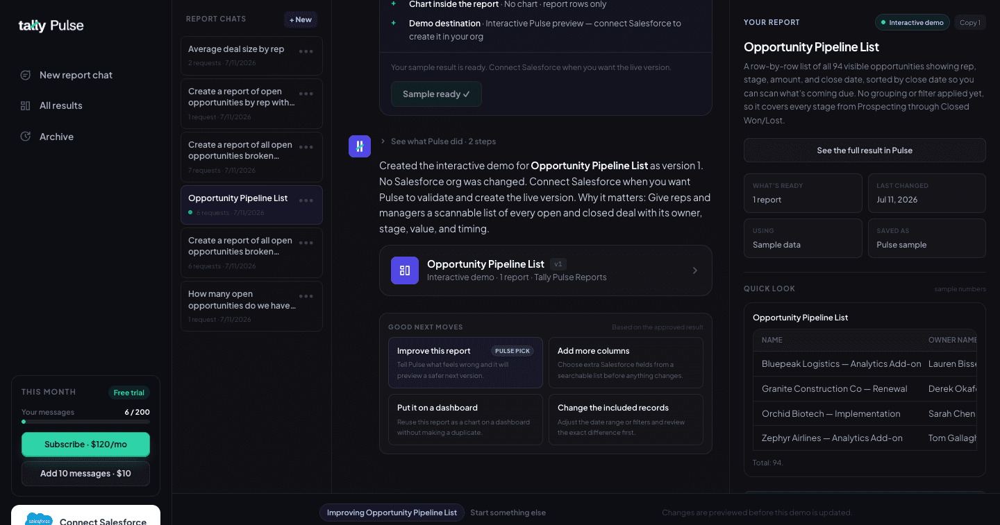 A finished report with next-step suggestions and the live result preview