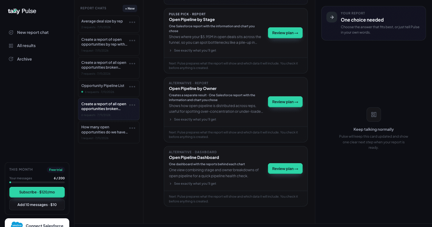 Pulse proposing report options as cards with a recommended pick